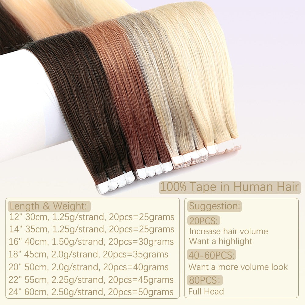 ZURIA Straight Bundles Mini Tape In Human Hair Extensions Invisible Skin Weft Adhesive 12" 100% Natural Real Short Wig For Women