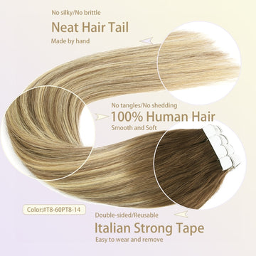 ZURIA Straight Bundles Mini Tape In Human Hair Extensions Invisible Skin Weft Adhesive 12