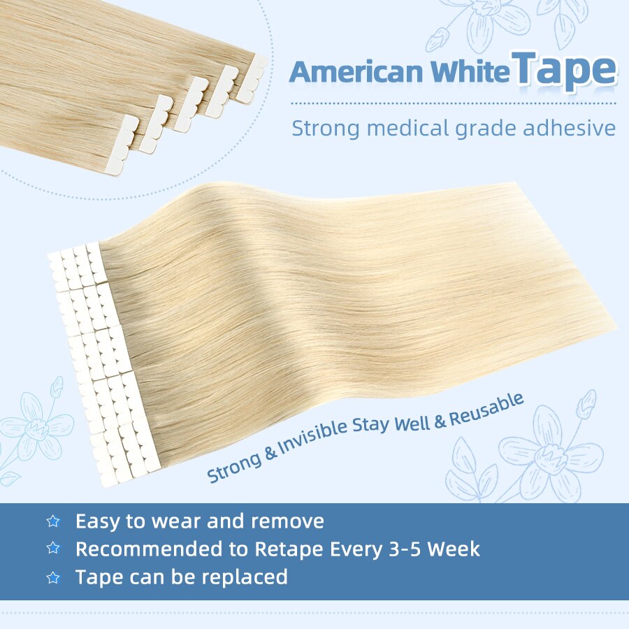 K.S WIGS Mini Tape In Human Hair Straight Extensions Seamless European Natural Non-Remy Hair Skin Weft Adhesive Extension