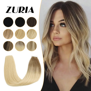 ZURIA Straight Bundles Mini Tape In Human Hair Extensions Invisible Skin Weft Adhesive 12" 100% Natural Real Short Wig For Women