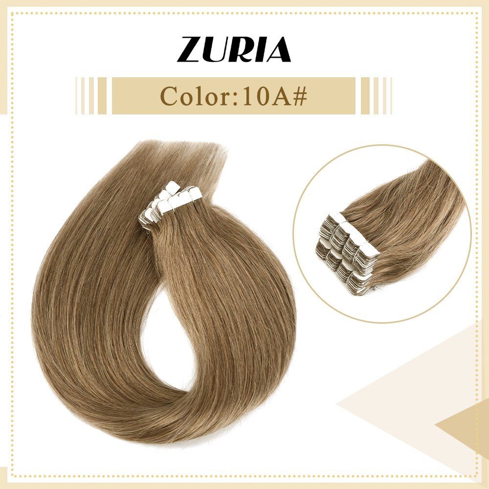ZURIA Tape In Human Hair Extensions Straight Brazilian Hair Machine Remy 100% Natural Wigs Adhesive Invisible Skin Weft