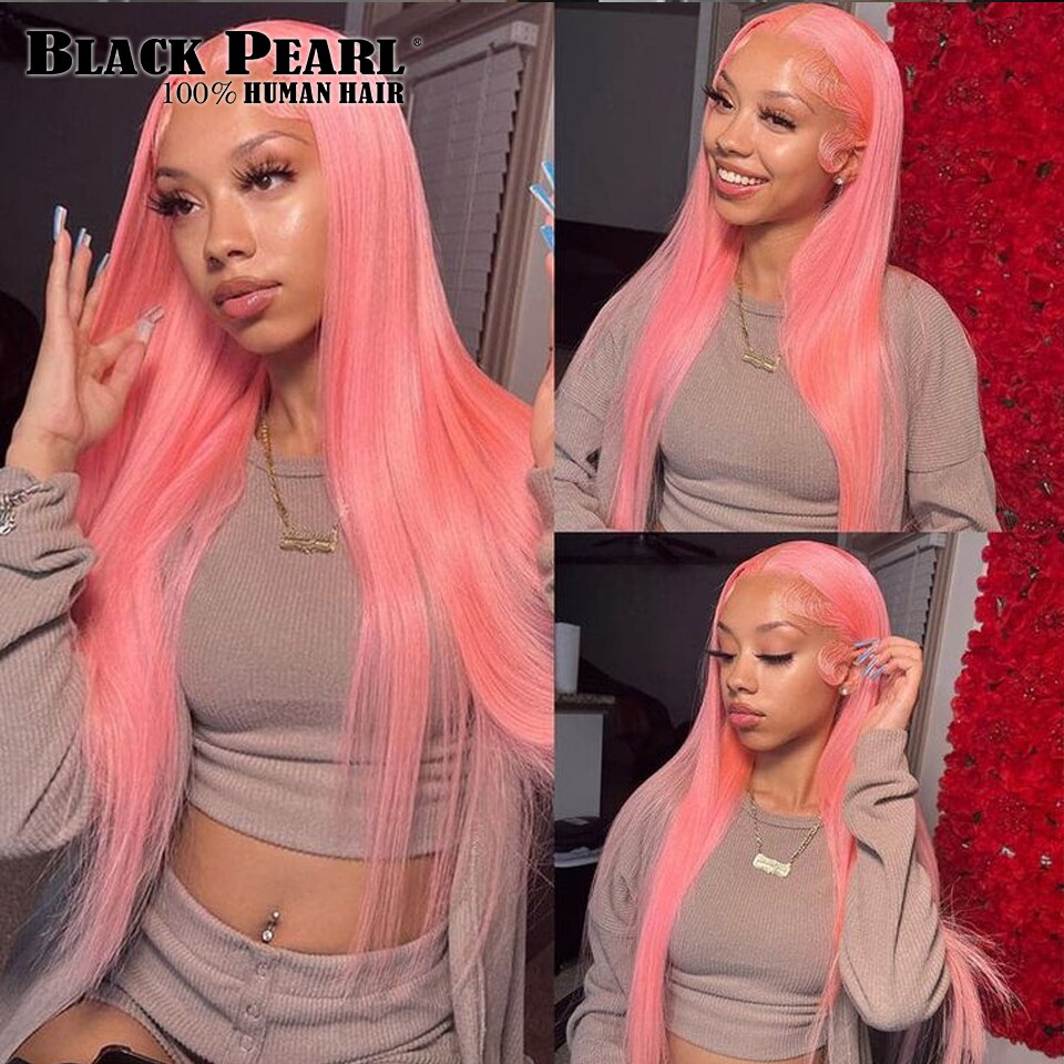 Transparent HD Lace Front Wig Brazilian Long Pink Wigs For Women Ombre Pink Straight Lace Front Human Hair Wigs With Dark Roots