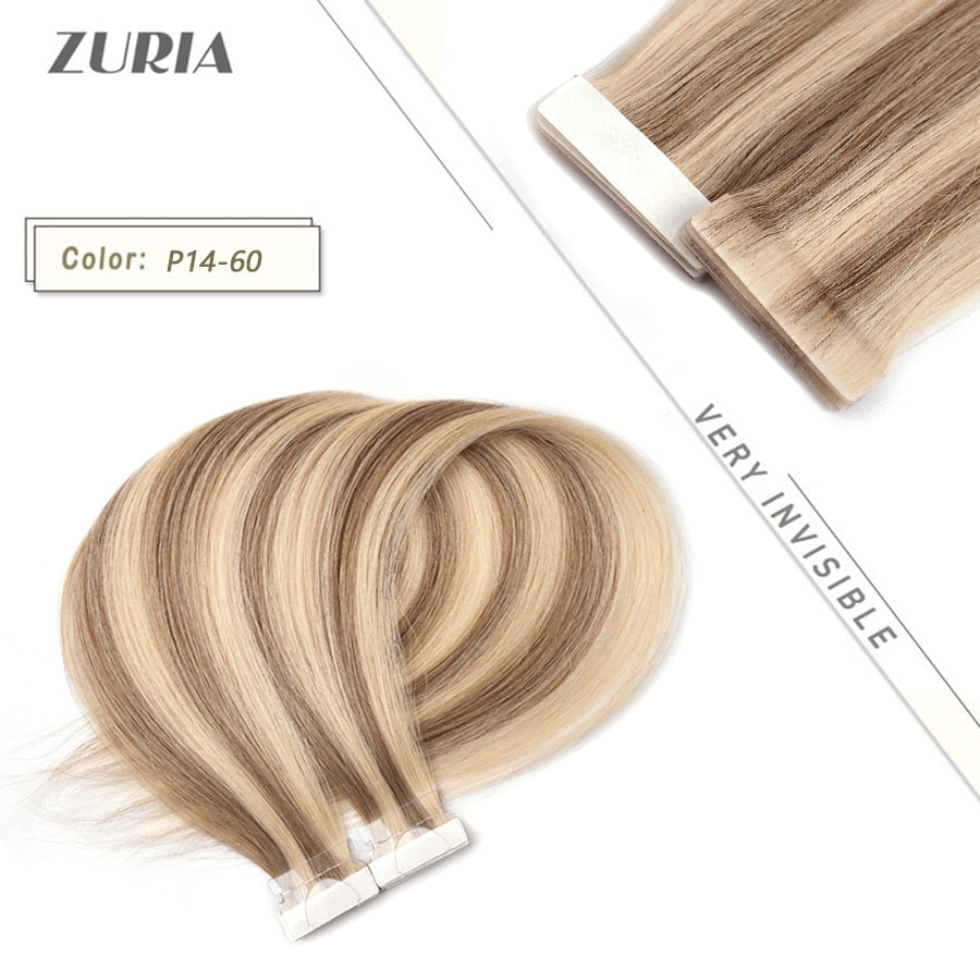 ZURIA 20PCS PU Skin Tape In Human Hair Extensions 100% Pure Natural Straight 16/20/24Inch Adhesive Invisible Wig Bundl For Woman